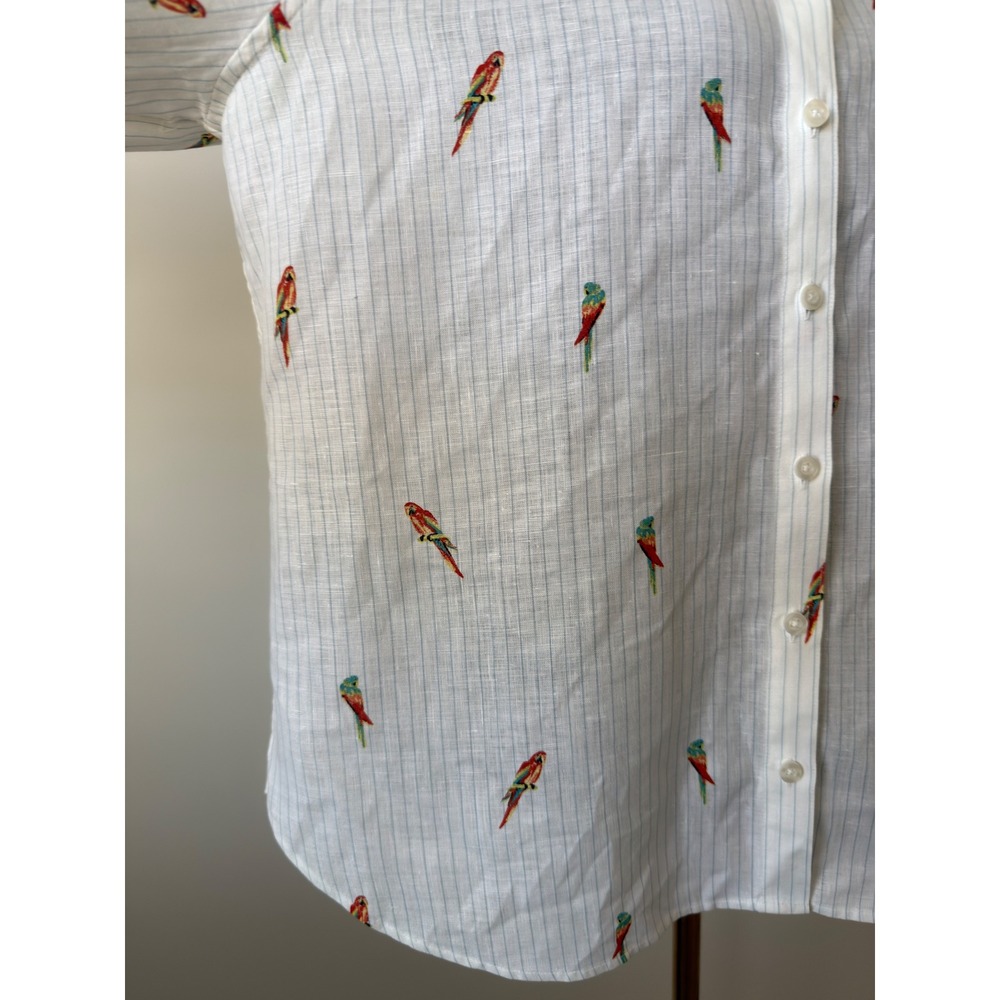 Chicos No Iron Linen Shirt Womens 2 (L) White Blue Pinstripe Parrot Embroidery - Picture 4 of 14